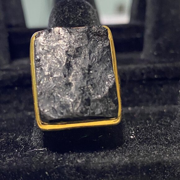 Ring Raw Possibly Obsidian Size 9 Rectangle Gold Over Sterling Silver 925 ISJ - Picture 6 of 14